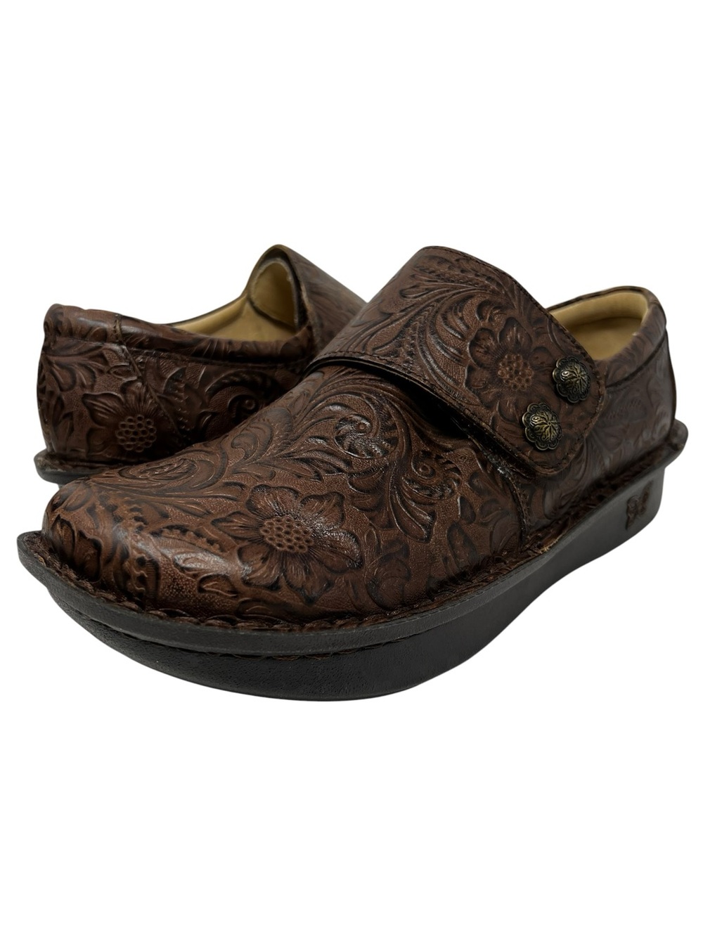 Alegria Brown Tooled Leather Slip-On Clogs